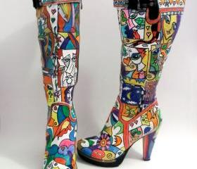 SOLD - Hand painted knee high boots Be a pop-art icon